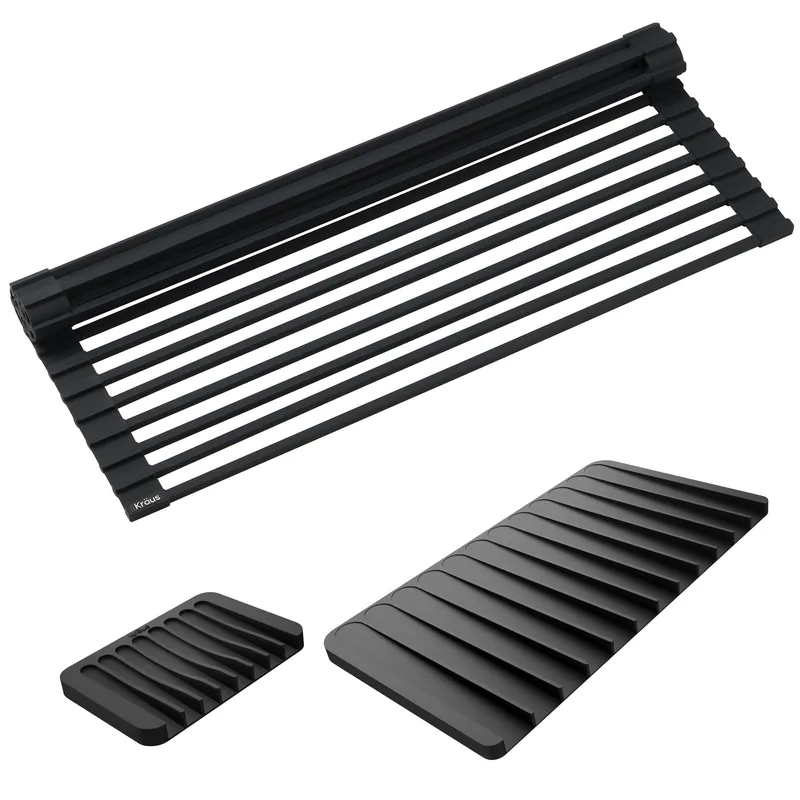 Kraus Roll Up Dish Drying Rack with Self-Draining Silicone Dish Drying Mat and Silicone Soap Dish Holder in Black, KDM-KRM-10BL