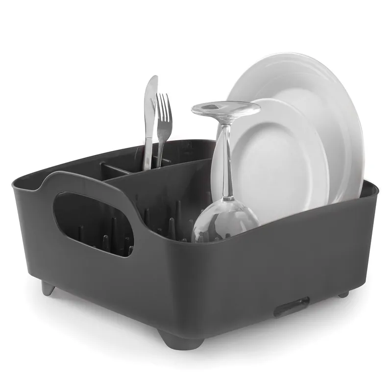 Umbra Tub Dish Drying Rack – Lightweight Self-Draining Dish Rack for Kitchen Sink and Counter at Home, RV or Motorhome, Smoke, Black (330590-582)