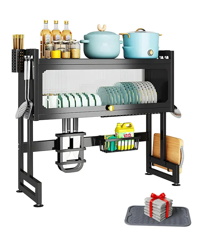 BittPicc Over The Sink Dish Drying Rack with Cover 2 - Tier Large Dish Drainer Racks for Kitchen Counter Space Saving Sink Storage Organizer for Dishes, Glasses, Bowls & Cutlery Black