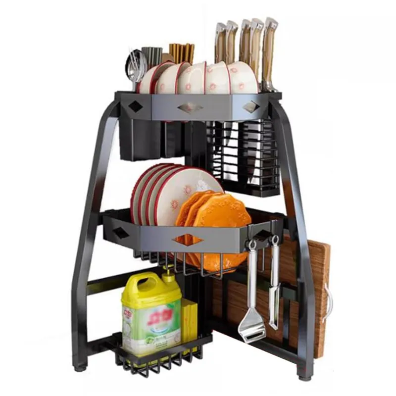 OCKULT Over Sink Dish Drying Rack, Foldable Corner Sink Drying Rack, 3-Layer Dish Rack,Multifunctional Counter Organizer Shelf, 54*30cm, Black