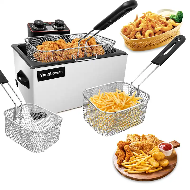 5L 1300W Deep Fryer with 3 Baskets, Yangbowan Electric Deep Fryer for Home Use, with Time & Temperature Control, Stainless Steel Lid with Viewing Window and Perfect for Kitchen, Fish Fry