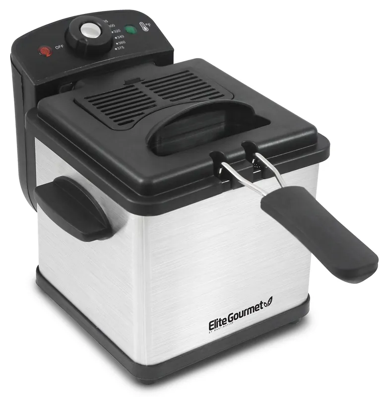 Elite Gourmet EDF1607 800-Watt Mesh Basket 1.6 Quart / 6.5 Cup Oil Capacity, Electric Immersion Deep Fryer with Temperature Knob and Lid with View Window, stainless steel