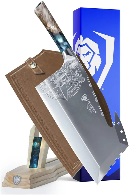 Dalstrong Obliterator Meat Cleaver Knife 9 inch - Wood Stand & Sheath - Resin & Wood Handle Thick Butcher Knife - 9CR18MOV Carbon Steel - Valhalla Series - Heavy Duty Chopping Knife Chef‘s Knife