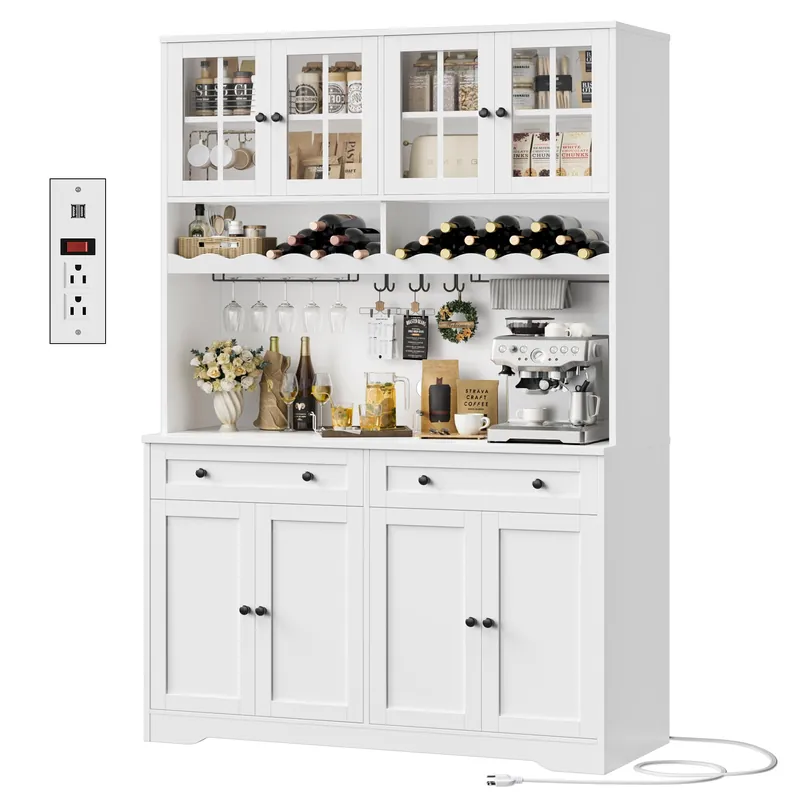 HOSTACK 75.4" Tall Kitchen Pantry Cabinet with Charging Station, Modern White Kitchen Hutch with Microwave Stand and Wine Racks, Large Food Pantry Storage Cabinet with Glass Doors and Drawers, White