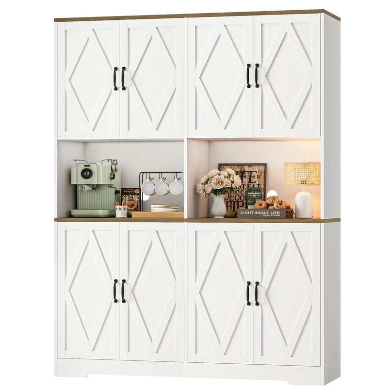 HOSTACK 71" Tall Pantry Cabinet, 55" Wide Kitchen Pantry Storage Cabinet, Large Kitchen Hutch with 2 Microwave Stands, Farmhouse Coffee Bar Station with Doors and Shelves for Dining Room, White