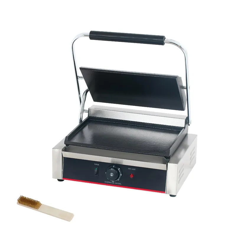 Commercial Panini Press With Grooved Grill Sandwich Maker Machine Electric Contact Grill Single (Large Smooth Top&Bottom)