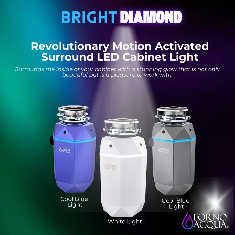 FORNO ACQUA BrightDiamond Amethyst 1 HP Ultra-Quiet Garbage Disposal with Motion Sensor Light & Pre-Wired Air Switch