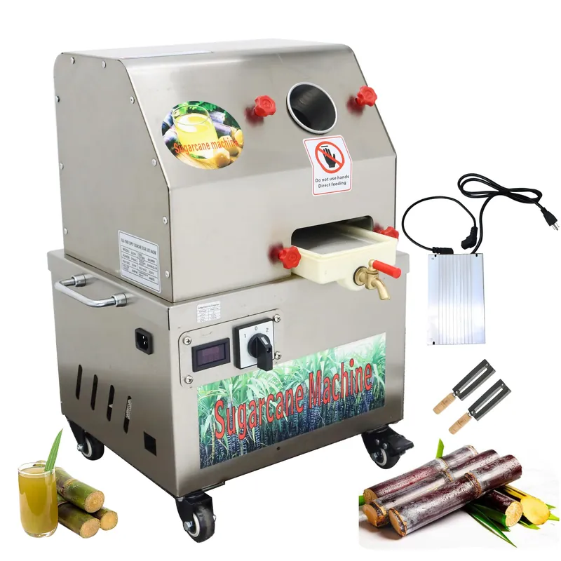 EQCOTWEA Commercial Sugarcane Juicer Machine 3-Roller Stainless Steel Sugar Cane Press Extractor 110V AC & 24V DC Dual Power Vertical Juice Press with Transformer for Sugarcane Juice Shop Home Use