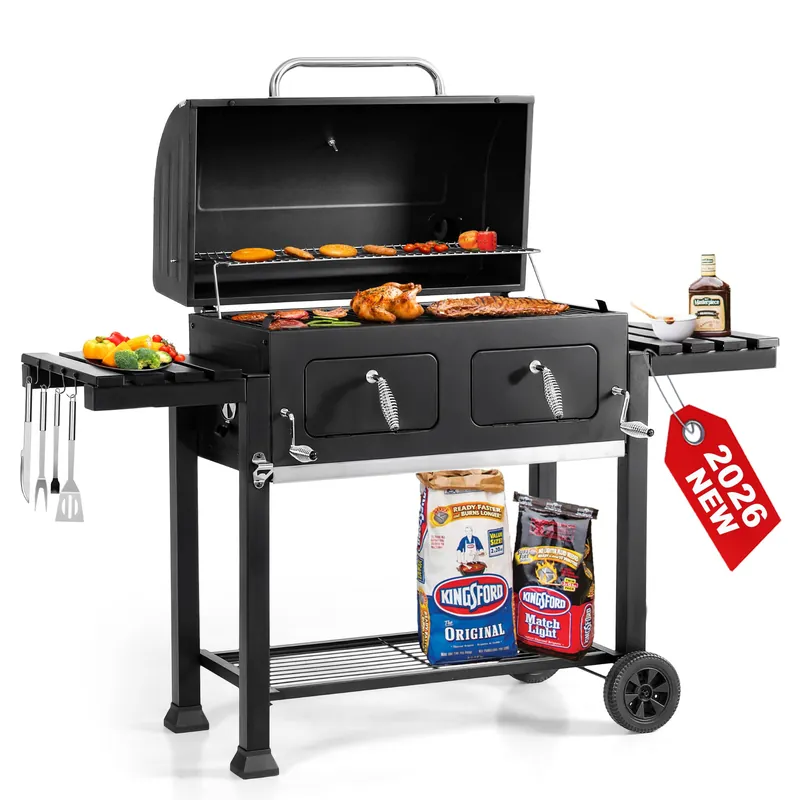 34-Inch Barrel Charcoal Grill with Side Tables, 794 Square Inches Cooking Space, Large Charcoal BBQ Grill with 2 Height-Adjustable Charcoal Pans for Outdoor Backyard Patio Picnic Parties Camping