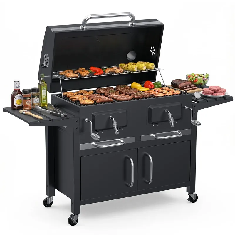 Bestfire 63" Oversized Charcoal BBQ Grill & Smoker, Large Outdoor Grill with 2 Individual Lifting Charcoal Trays, Cabinet-Style Charcoal Grills with Foldable Side Tables, 4 Wheels, Asadores de Carbon