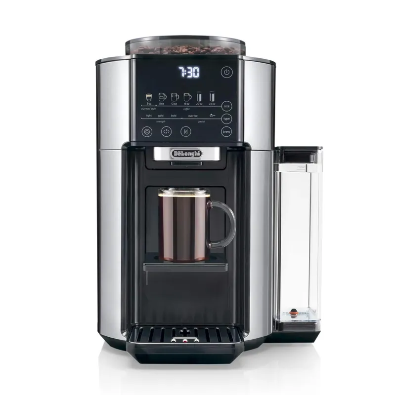 De‘Longhi True Brew Drip Coffee Maker, Built in Grinder, Single Serve, 8 oz to 24 oz, Hot or Iced Coffee, Stainless, CAM51025MB