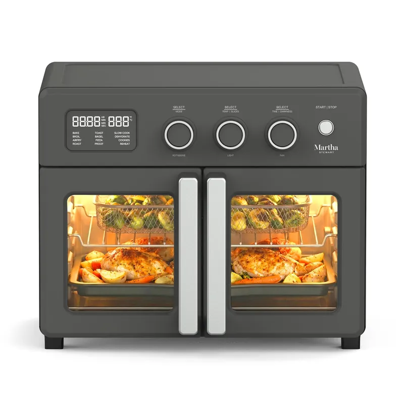 Martha Stewart French Door Air Fryer Toaster Oven Combo, 34QT Countertop Convection, 12-in-1, Bake, Broil, Roast, Fits 12” Pizza, Dehydrate, 5 Accessories, Air Fry Basket, Stainless Steel, Caviar Gray