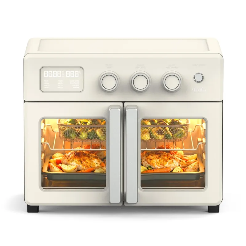 Martha Stewart French Door Air Fryer Toaster Oven Combo, 34QT Countertop Convection, 12-in-1, Bake, Broil, Roast, Fits 12” Pizza, Dehydrate, 5 Accessories, Air Fry Basket, Stainless Steel, Linen White