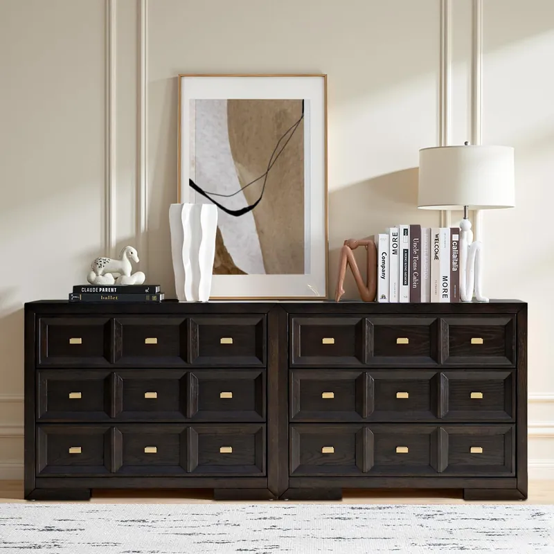 HULALA HOME Solid Wood Nightstand Set of 2 with Soft Fabric-Lined Top Drawer, 3 Drawer and Metal Knobs Bedside Tables, Contemporary Geometric Night Stand with Charging Station, Black