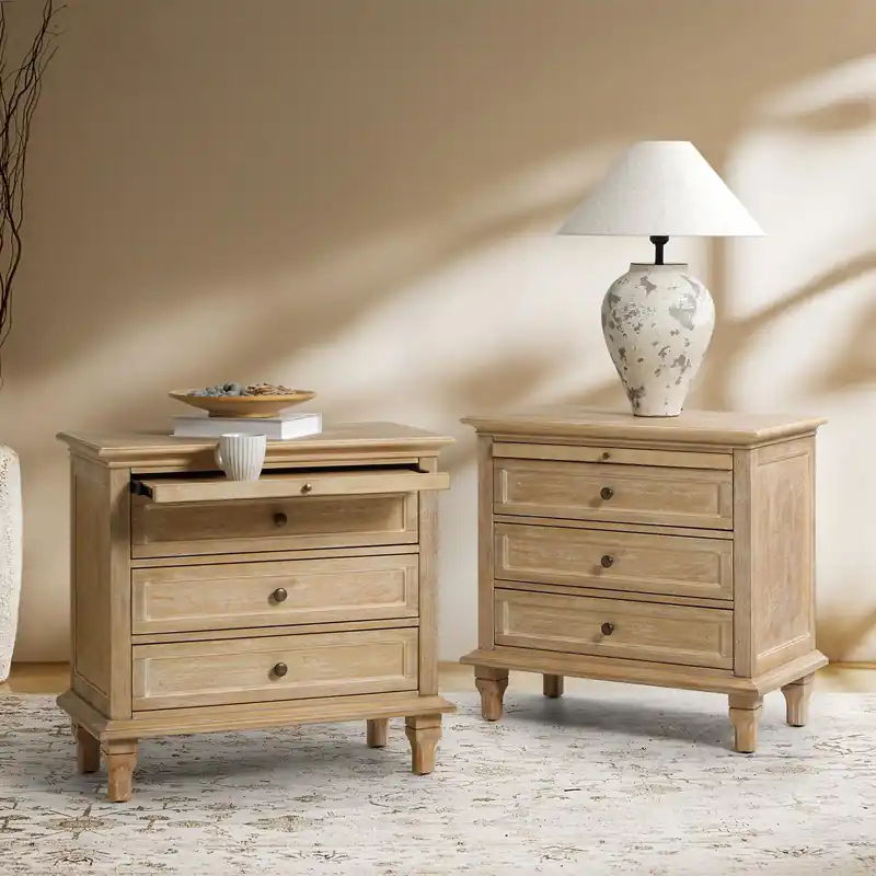 HULALA HOME Farmhouse 3 Drawer End Table with Tray, Drawer Organizer with Solid Wood Legs, End Table with Charging Station(Natural, Set of 2)