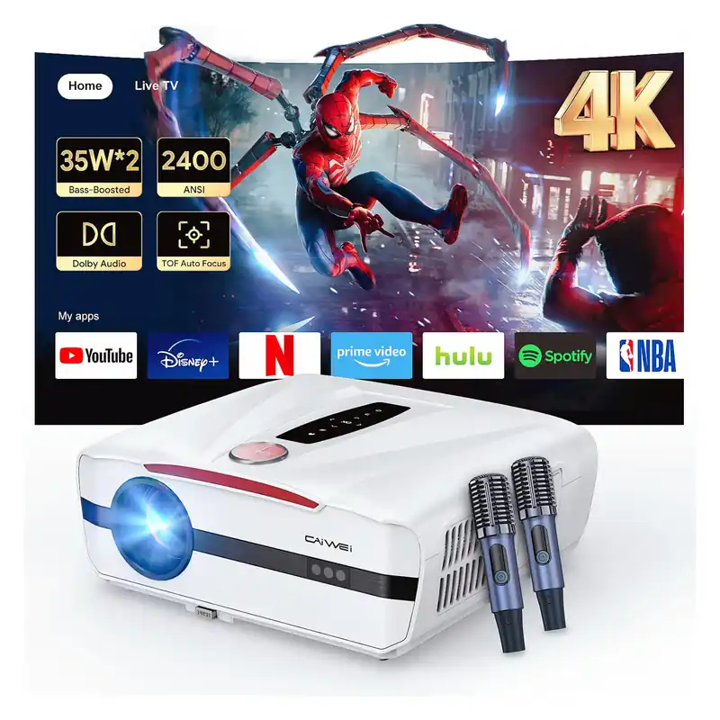 4K Smart Projector, 2400 ANSI, AI MEMC, WiFi 6, AI-PQ Auto Focus & Keystone, HDMI 2.1, 70W Dolby Audio, Home Theater Karaoke Projector with Dual Mics, Low Noise for Gaming, Party & Outdoor Camping