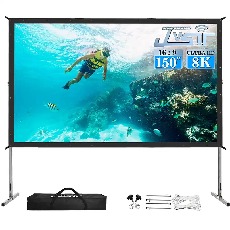 JWSIT 150 inch Projector Screen with Stand, Upgraded 3 Layers PVC 16 9 Outdoor Projector Screen, Outdoor Movie Screen with Carrying Bag for Home Theater Backyard