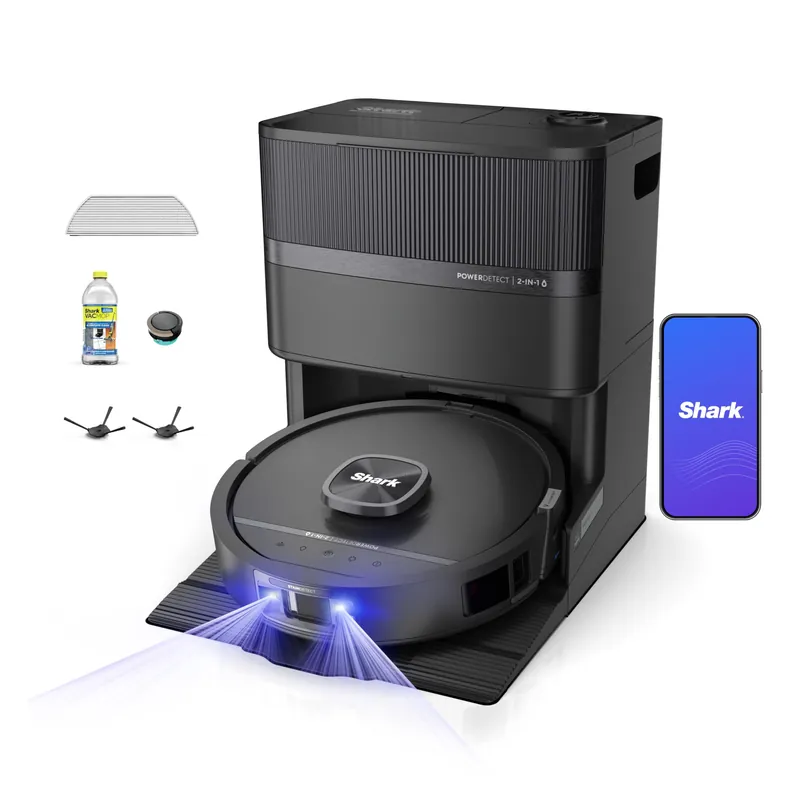 Shark PowerDetect UV Reveal 2-in-1 Robot Vacuum & Mop for Carpets & Hard Floors Powerful Suction for Pet Hair Self-Clean, Self-Empty, Heated Mop Wash & Dry UV Stain Detect Black RV3020XE