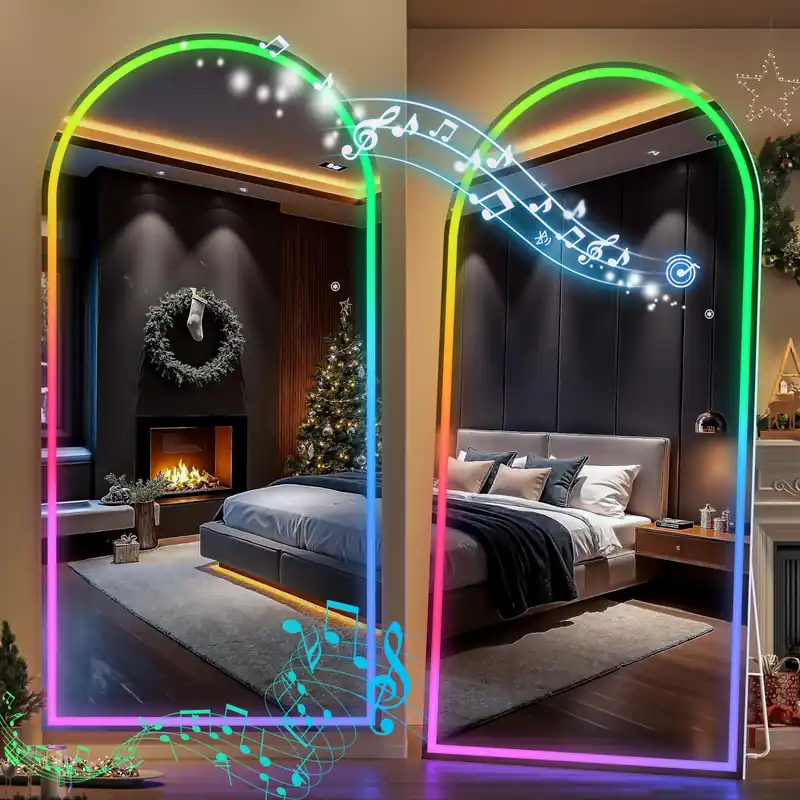 Hasipu 78.7" x 35.4" Arch LED RGB Bluetooth Full Length Mirror with Stand & 7 Color Lighting Modes, Full Body Mirror with White Frame for Bedroom, Living Room, Dressing Room