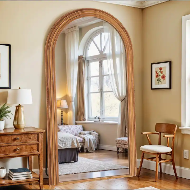 Antok Full Length Mirror 82"×44" Floor Mirror Standing Tall Mirror, Arched Stand up Large Wall Mirrors, Freestanding Full Body Mirrors for Bedroom Living Room Wood Vintage Style Brown