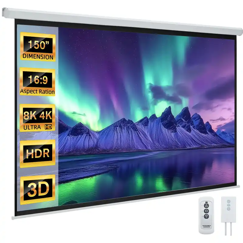YODOLLA 150" Projector Screen Motorized 16 9, 4K HD Pull Down Retractable Projection Screens Electric Automatic Wall Ceiling Movie Screen for Office Classroom Indoor with Remotes