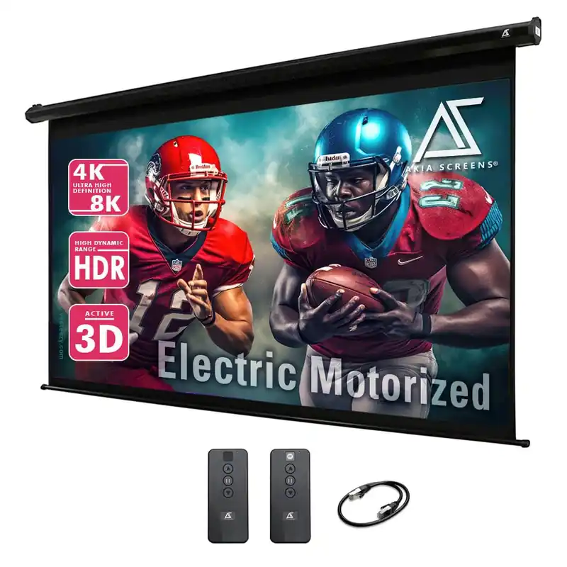 Akia Screens 125-Inch Motorized Projector Screen, 16 9, Electric Drop Down with Remote, Wall or Ceiling Mount, 4K/8K Ready, AK-MOTORIZE125H2.