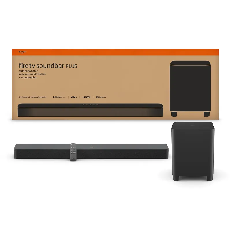 Amazon Fire TV Soundbar Plus with subwoofer (newest model), 3.1 channel, Dolby Atmos, DTS X, clear dialogue
