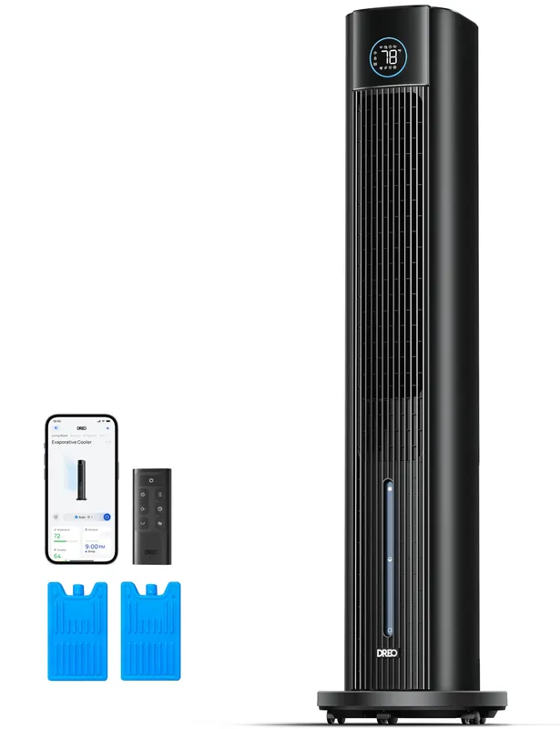 DREO Tower Fan for Bedroom, 43" Cooling Fans That Blow Cold Air 2026 Upgraded, Evaporative Air Cooler, Quiet 80ยฐ Oscillating Floor Fan, Easy Cleaning, APP Control, 4 Modes & 4 Speeds, 12H Timer, Black