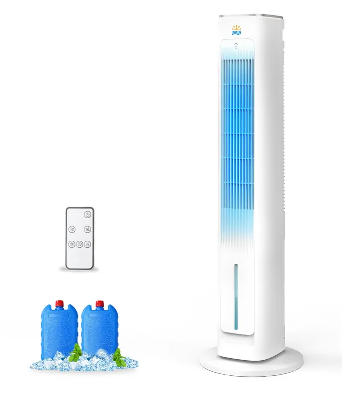 Exnos Portable Evaporative Air Cooler, 3-in-1 Cooling Fans that Blow Cold Air With 3L Water Tank, 38‘‘ Tower Fan for Bedroom, Office with 3 Speeds, 12H Timer, Oscillation, 2 Ice Packs