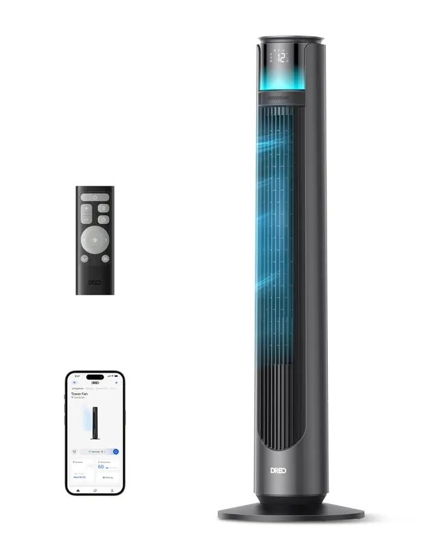 DREO Smart Tower Fan for Indoor & Outdoor Use, 33 ft/s High Velocity, 12 Speeds, 4 Modes Standing Floor Fan, 150ยฐ Customizable Oscillating, 20 dB Quiet DC Motor for Bedroom, Weather Resistant