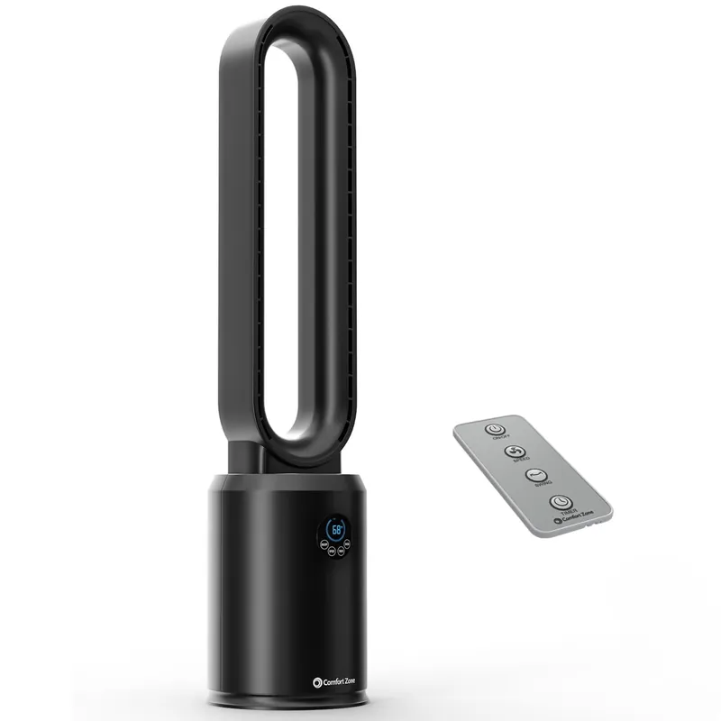Comfort Zone 40-Inch Bladeless Tower Fan for Bedroom – Quiet Standing Fan with Remote Control, 9H Timer & Wide Area Oscillation – Turbocharged Airflow & Digital LED Display – Black