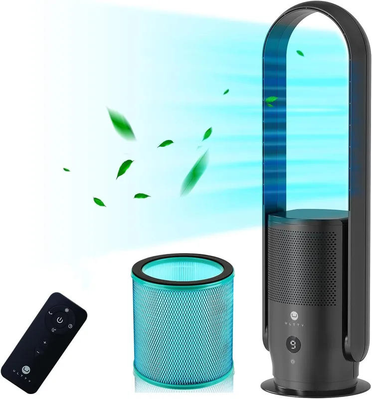 U ULTTY Bladeless Tower Fan and Air Purifier in one, Quiet Tower Fan with Remote, Touch, 9 Speeds, 8H Timer, HEPA Filter 99.97%, 90° Oscillation Fans, Floor Fans Powerful for Home Office Room, Black