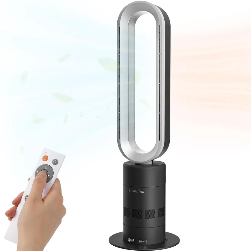 Dual-Tech Bladeless Tower Fan, Ultra-Quiet DC Motor, 2-in-1 Cooling, Heating UL Listed PTC Ceramic Fast Heat, Auto Shutoff, Sturdy Base, Cooler and Heater Floor Fan Combo for Indoor Use, Large Room