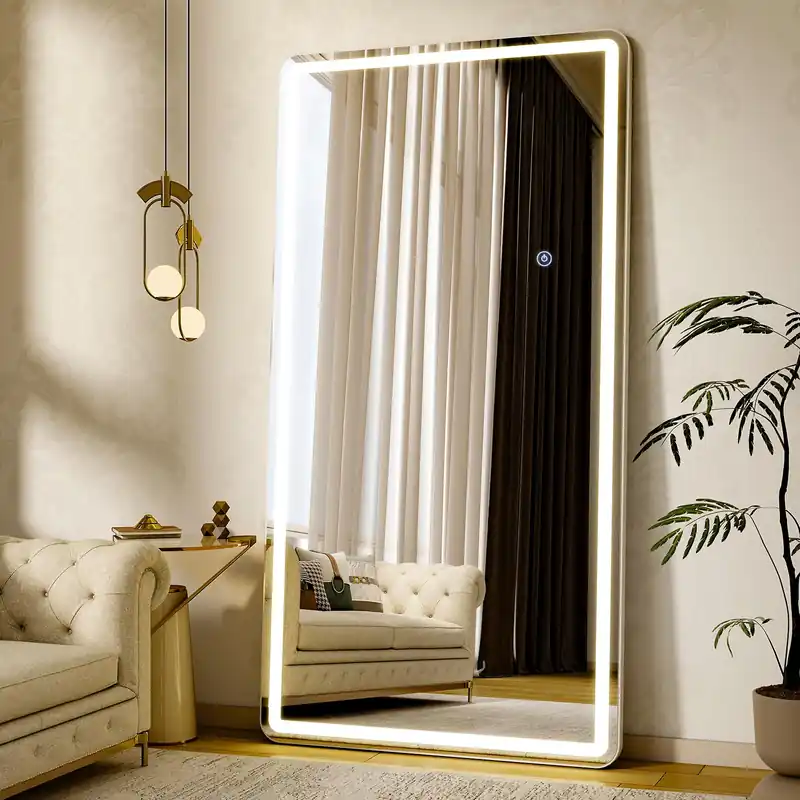 Riskioir 71"x32" LED Full Length Mirror – Standing Floor Body Mirror with Dimmable Lights 3 Color Modes – Adjustable Brightness, Wall-Mount or Leaning for Barber, Fitness Center, Dressing Room
