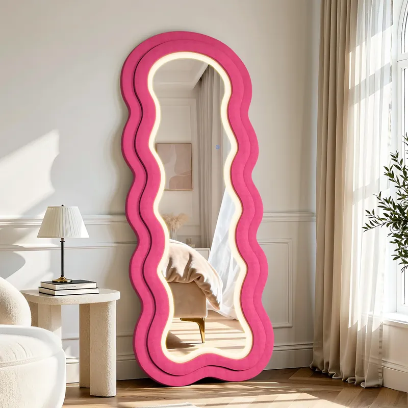 Ultym Wavy Mirror Full Length, 63"×24" Irregular Full Body Mirror with 3-Color Adjustable Light, Luxury Velvet Frame Floor/Wall Mounted Mirror for Living Room/Bedroom/Dressing Room, Hot Pink