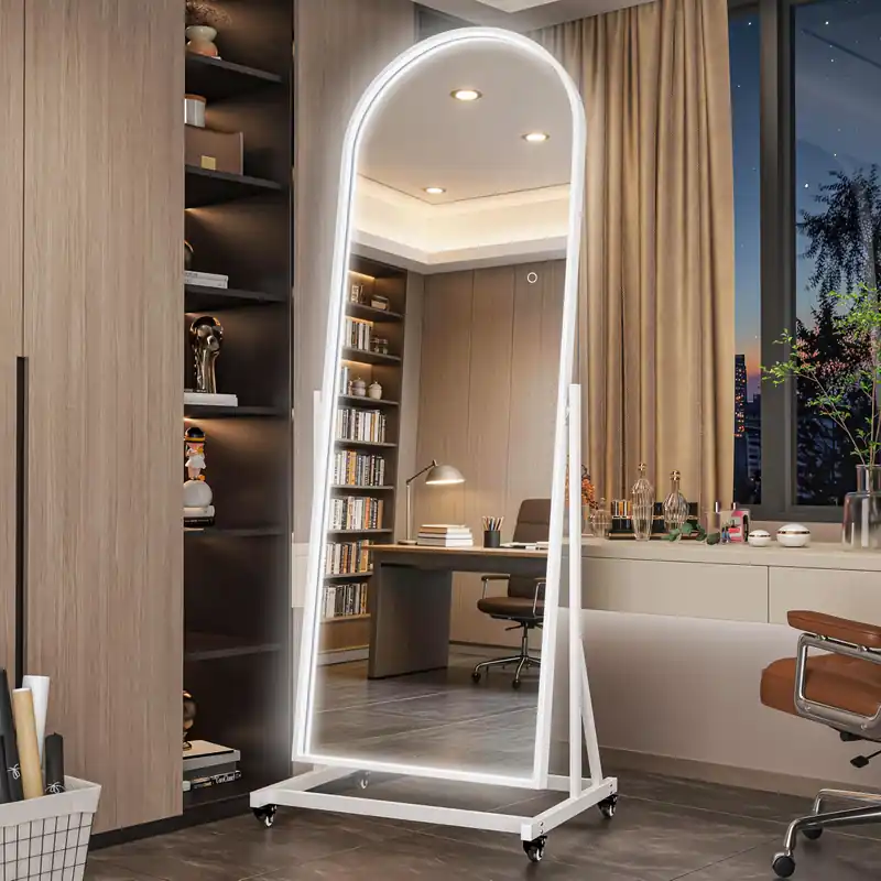 WINNICE 71"x24" Arched LED Full Length Rolling Mirror on Wheels, Tilting Swivel Floor Mirror with Lights, 3 Color Temperatures & Adjustable Brightness for Bedroom, Dressing Room, Home Gym, Home Decor