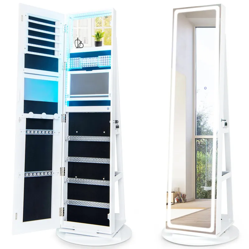 MAT EXPERT 360° Swivel Jewelry Organizer with Full Length Mirror, Standing Jewelry Storage Organizer with Rear Storage Shelves, 3-Color Lights, Vanity Mirror for Bedroom (White)