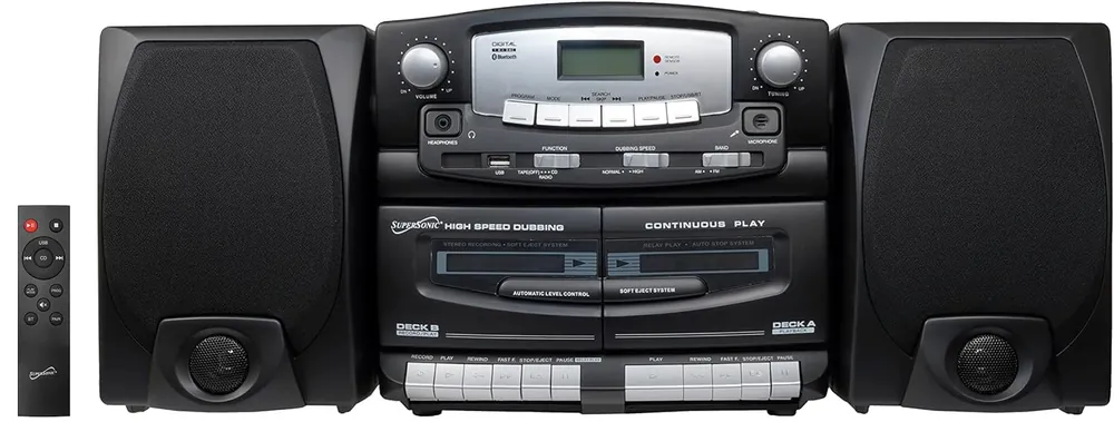 Supersonic Black Edition Vintage Bluetooth Stereo System Home Music Audio System, CD/MP3 Player, AM/FM Radio, Dual Cassette Player/Rec USB inputs, Detachable Speakers, AC/DC, (Remote Included)
