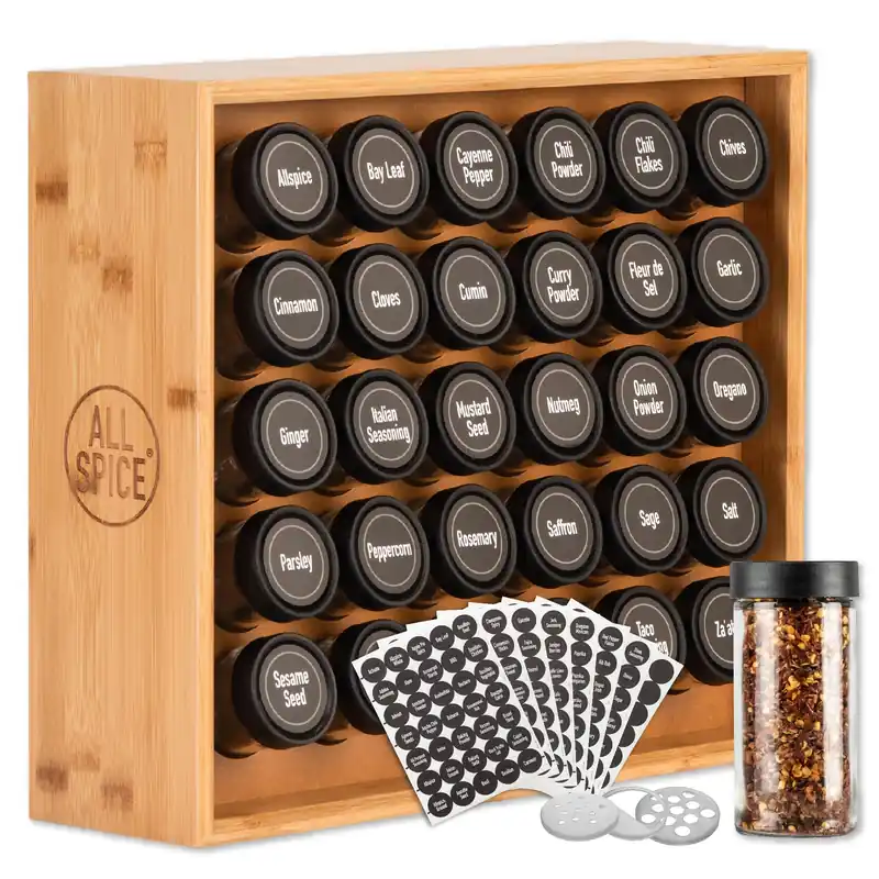 AllSpice Spice Rack Organizer, Wood, 525 Unique Labels, Countertop or Wall Mount, Includes 30 4oz Jars- Bamboo