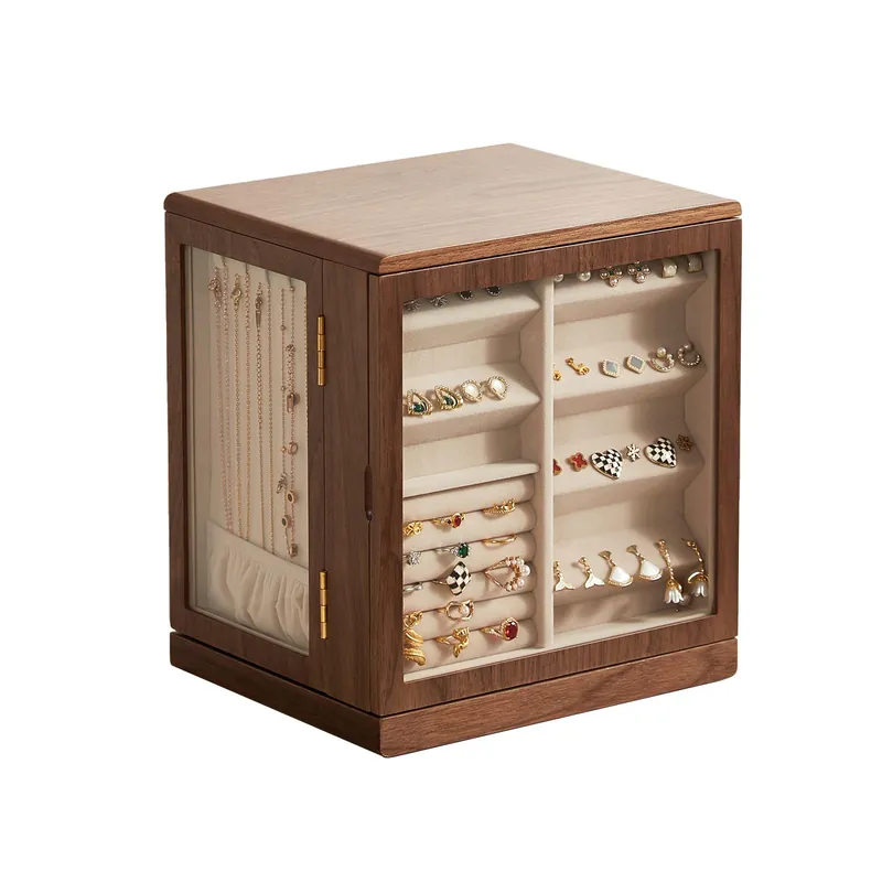 Homruilink Black Walnut Wooden Jewelry Box - 360° Rotating Jewelry Organizer for Women with 5 Drawers for Rings,Necklaces,Earrings and Bracelets -Large Storage Case - Mothers Day Gifts for Mom