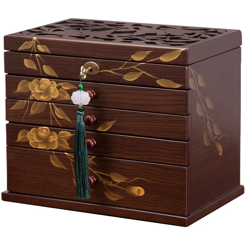 Xloverise Hand-drawn rose Jewelry Box Wood for Wowen,6-Layer Wooden Jewelry Organizer Boxes with 4 Drawers dresser, Vintage Multi-functional Jewelry Storage Case with lock