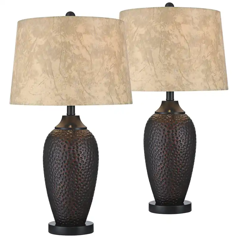 Franklin Iron Works Kaly 25" High Rustic Traditional Natural Cottage Set of 2 Table Lamps with USB Ports A+C Charging Hammered Oil Rubbed Bronze Faux Leather Drum Shade Living Room Desk Bedroom