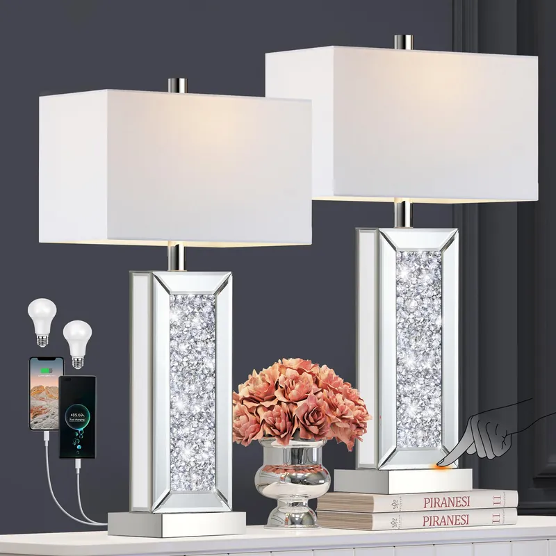 Modern Table Lamp Set of 2 Touch Control, Silver Mirror Big Diamond Crystal Bedside Lamp with USB C+A Ports, 3-Way Dimmable Mirrored Nightstand Lamps White Fabric Shade for Living Room Bedroom