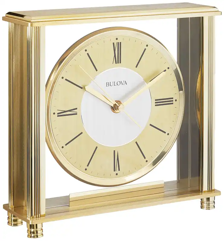 Bulova B1700 Grand Prix Table Clock Brass MetalFinish Glass Enclosure with Two-Tone Metal Dial Quiet Sweep Elegant Desktop Timepiece for Offices & Collectors