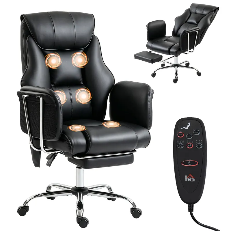 HOMCOM Massage Office Chair with 6-Point Vibration, Overstuffed Reclining Desk Chair with High Back, PU Leather, Footrest, Thick Spring Cushion, Lumbar Support, Adjustable Height, Swivel Wheels, Black