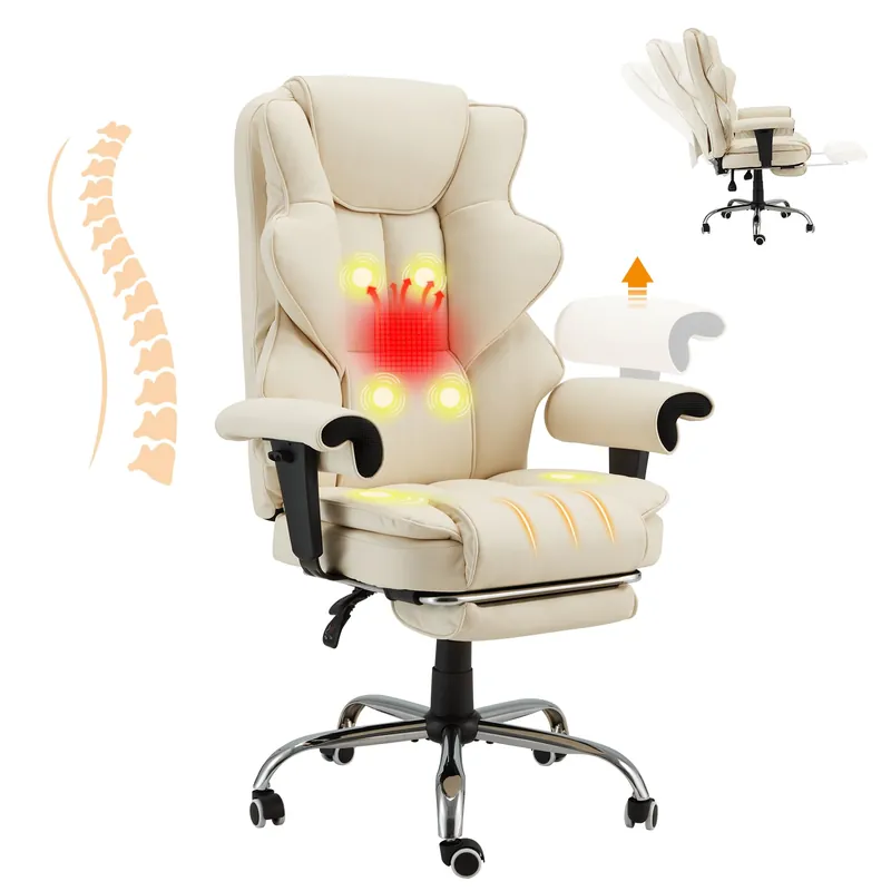 HOMREST 6-Point Massage Executive Chair,Heat Office Chair,Ergonomic Home Office Desk Chairs with Retractable Footrest and Reclining Function,Leather Computer Chair with Adjustable Armrest(โOff White)