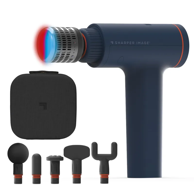 Sharper Image Deep Tissue Percussion Massage Gun, Powerboost Versa Hot & Cold Rechargeable Handheld Massager, 5 Adjustable Speeds, 6 Attachment Heads & Carrying Case, for Muscle Pain Relief, Blue