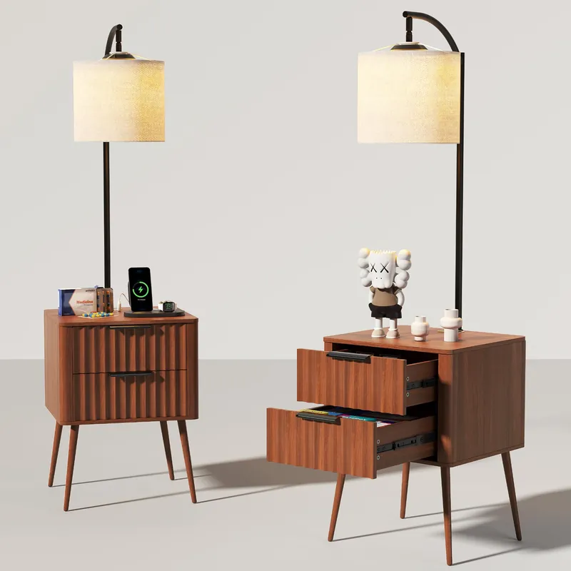 HNEBC Fluted nightstand Set 2 with - with 3-Color Lights and Lampshades,Modern Night Stand with Charging Station,LED Bedside Table with 2 Drawers,Tall Side Table for Bedroom,Walnut