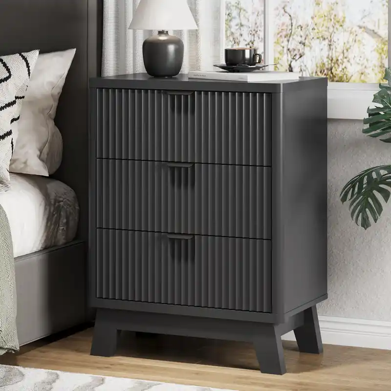 Xixini Fluted Nightstand with 3 Storage Drawers, 24" Wide Wood Bedside Table with Mental Handle, Mid Century Modern Wooden Side Table Night Stand, Curved End Table for Bedroom, Living Room, Black
