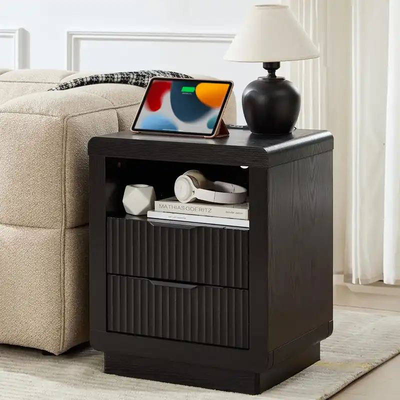 YANSNWO Black Nightstand with Charging Station, 23.6" H Modern Bedside Table with Thickened Curved Profile Design, End Table with 2 Drawers for Bedroom